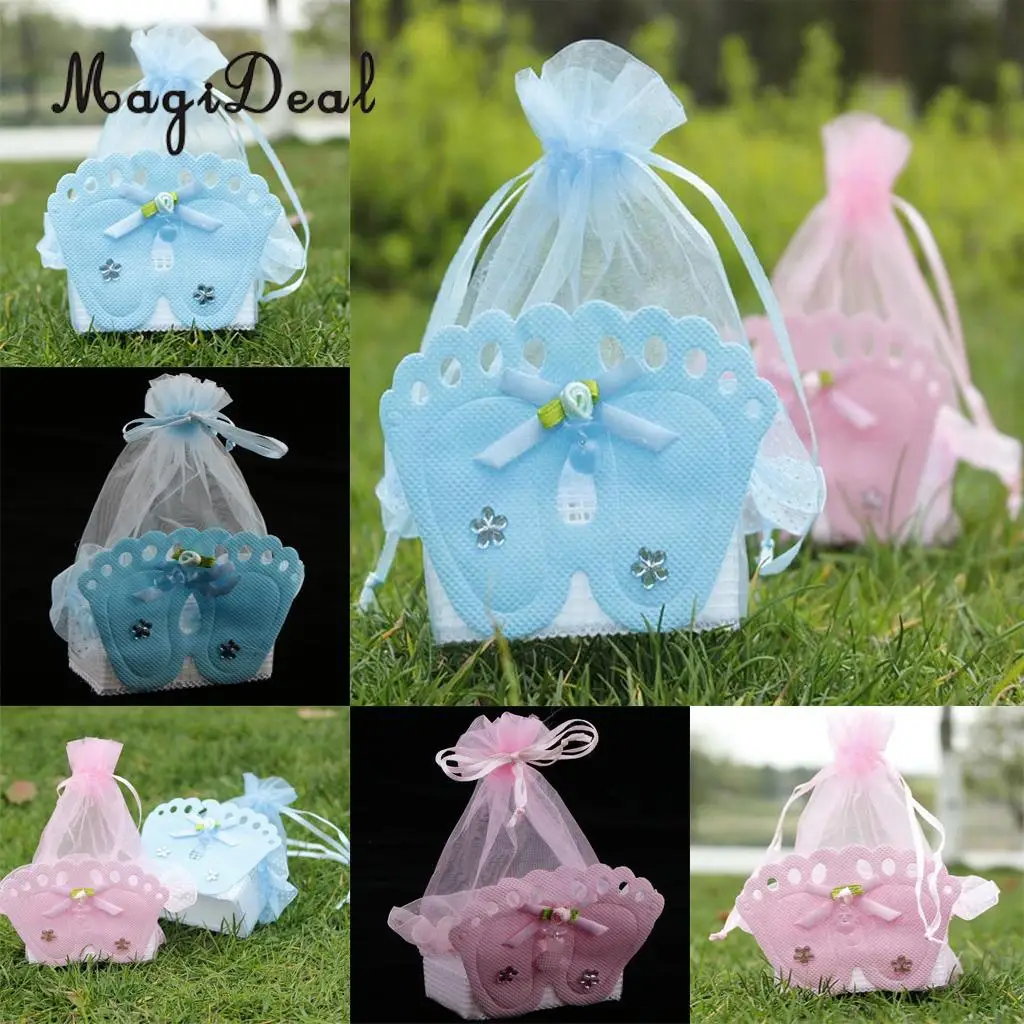 12 Pieces Baby Footprint Gift Treats Box Bags Girl Boy Baby Shower Kids Birthday Party Organza Candy Bags Favors