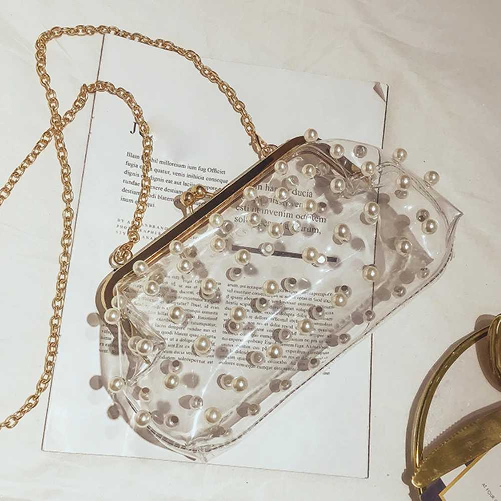 2018 Fashion Pearl Transparent PVC Women Messenger Bag Mini Hologram Laser Chains Shoulder Bag Girls Small Clutch Crossbody bags