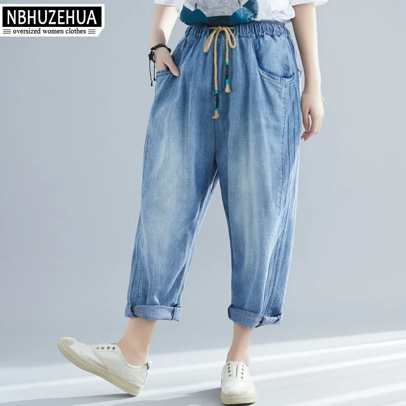 

NBHUZEHUA Women Denim Pants 2019 BF Style Elastic Waist Loose Plus Size Jeans Wide Leg Pants Harem Trousers Female 5XL 19-D321