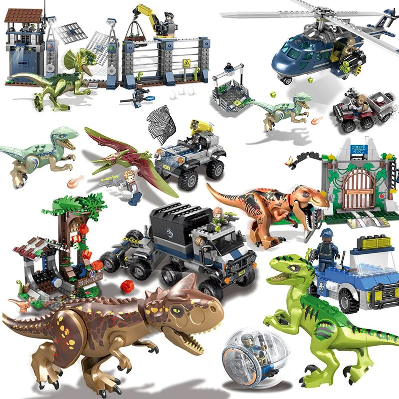 

New Jurassic World Park Raptor Helicopter Car Truck Capture Dinosaur Assembled Model Building Blocks Toys For Children