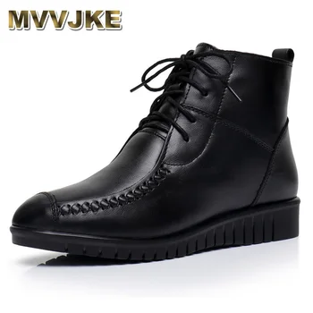 

MVVJKE Women Ankle Boots Genuine Leather Lace Up Flats Shoes Rubber Wedges Ladies snow Boots Fall winter black motorcycle boot