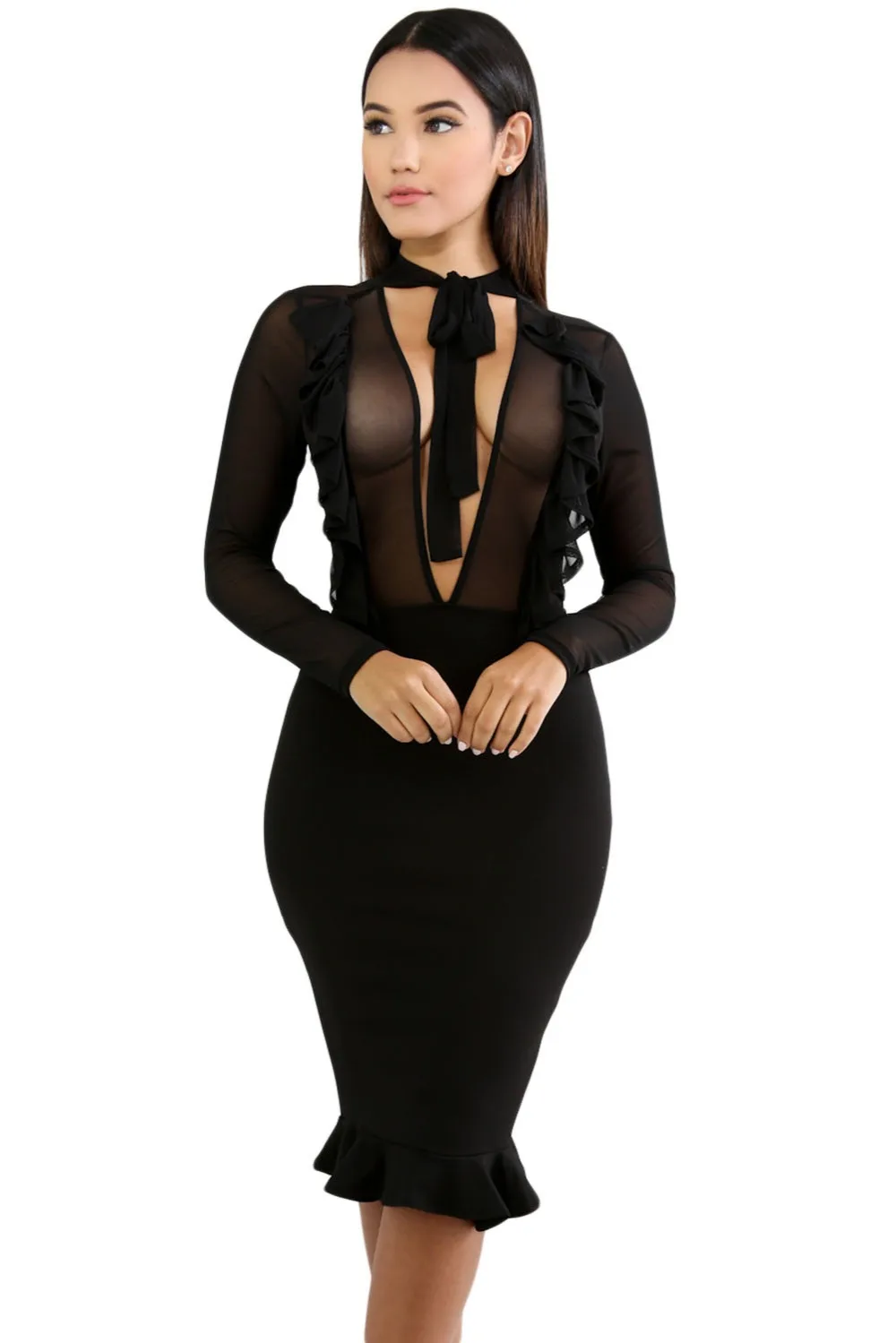 Womens long sleeve long black dress w v neck mesh
