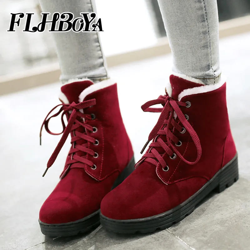 

2018 Hot New Winter Women Cotton fabric Lace up Snow Boots For Ladies Red Low heels Ankle Boots Flat Warm Fur plush Woman Shoe