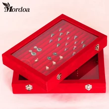 Necklace Ring Jewelry Red Box Glass Cover Storage Box Stud Earring Wheel Stud Earring Jewelry Holder Accessories Display Rack