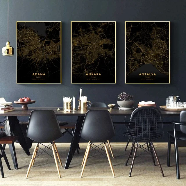 

Antalya Ankara Adana Mugla Turkey City Map Gold Map Canvas Art Print Wall Pictures for Living Room No Frame