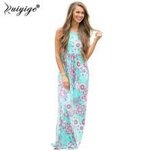 2018 ruiyige Для женщин Цветочный Boho этаж летнее платье на бретелях с карманом Повседневное Высокая талия леди пляжное платье О-образным вырезом сарафан