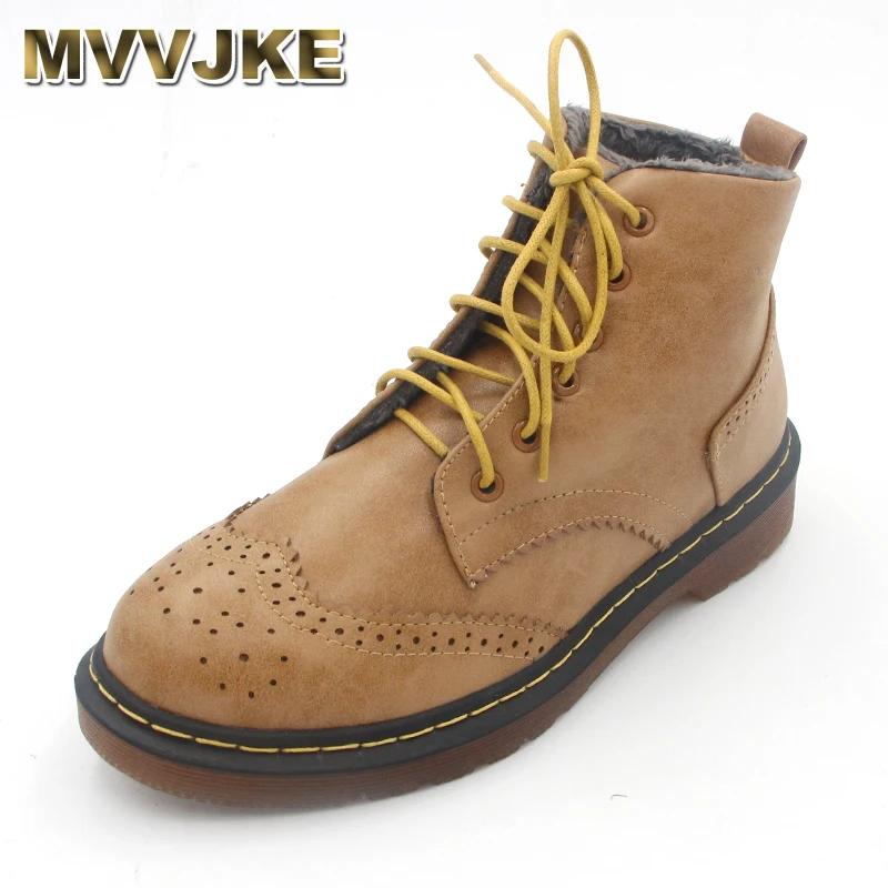 

MVVJKE winter boots women designer brogue shoes woman lace up oxford ankle boots genuine leather snow boots with fur big size