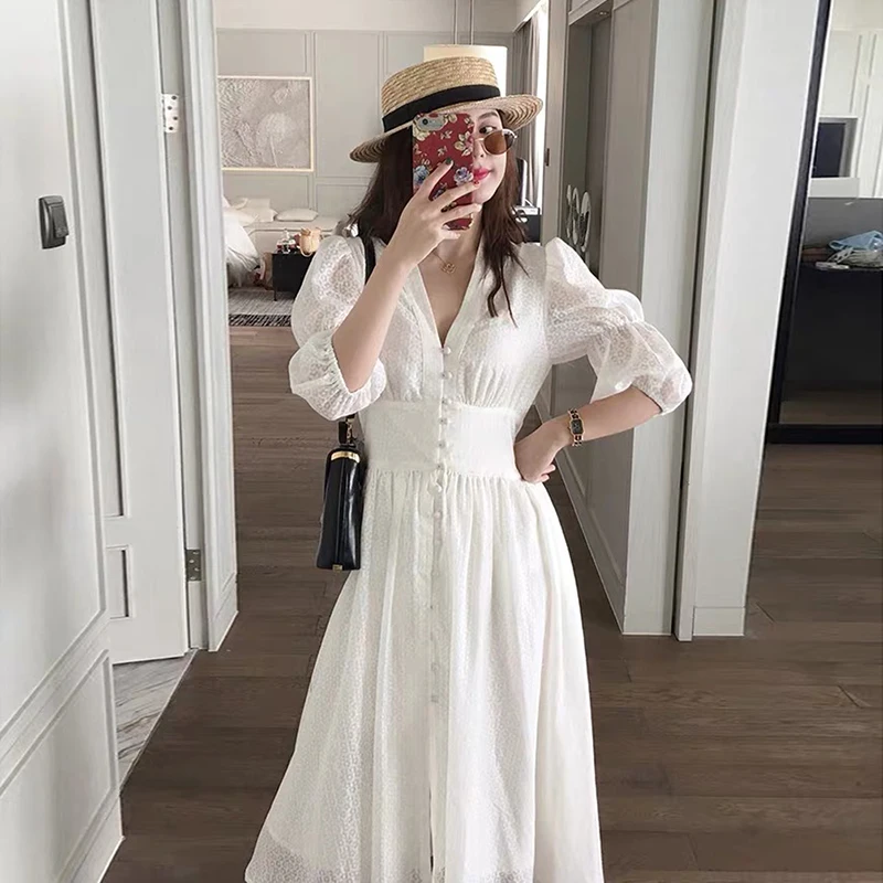 

2019 Women Summer Lace V-neck Princess Dress Sweet Boho Beach Holiday Party Puff Sleeve Slim High Waist Dresses Vestidos