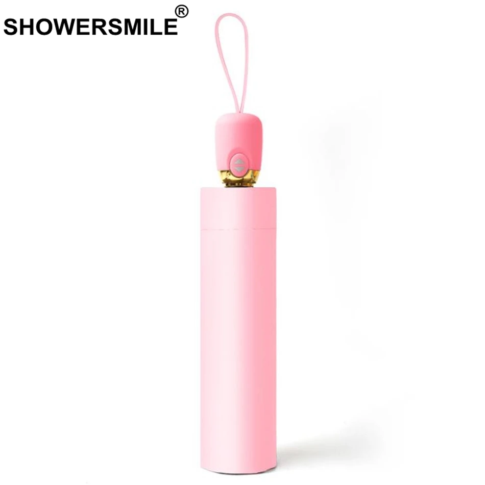 

SHOWERSMILE Pencil Umbrella Solid Pink Windproof 3 Folding Automatic Parapluie Sun Uv Protection Black Coating Ladies Parasol