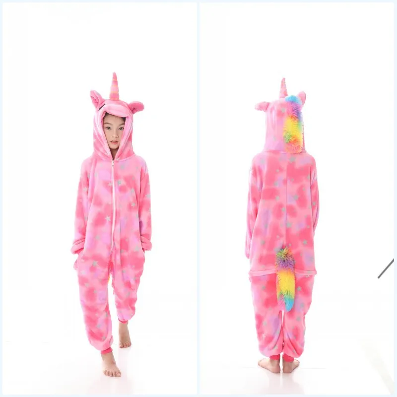 Пижамы для мальчиков и девочек, детская одежда для сна, одежда для сна, зимняя детская одежда для сна, пижамы Комбинезоны пижамы кигуруми в виде животных Новая фланелевая теплая новогодние пижамы Пижама с единорогом - Цвет: Pink star unicorn