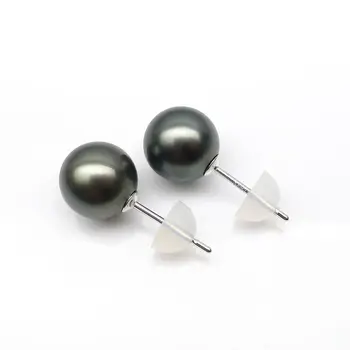 

Free Shipping 8.5-9mm Natural Black Real Tahitian Pearl Ear Stud Earrings 18K Solid White Gold