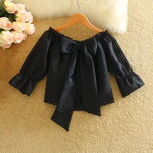 Qbale Summer women Tops 2017 Fashion Laddies Slash neck front big bow Kawaii Female Plaid Shirt Off Shoulder Puff Sleeve Tees