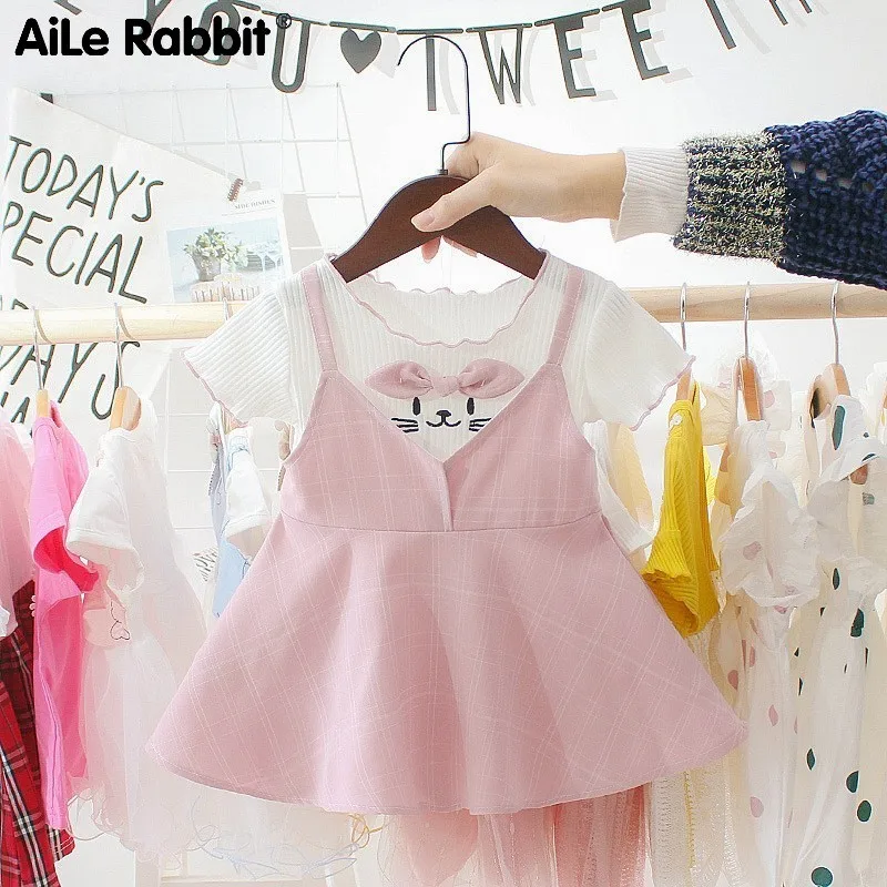 

Girl Skirt 2019 Children Short Sleeve Lattice False Two Paper Dress Baby Western Style Princess Skirt