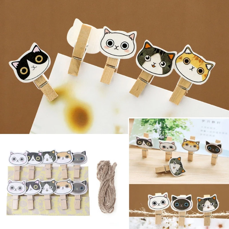 

10Pcs Lovely Cat Mini Wooden Craft Clip Photo Paper Peg Pin Clothespin With Rope