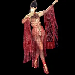 Красный Ленточки рукавами комбинезон со стразами бар женский танцевальный костюм для ночного клуба ведущих танцевальный сценический