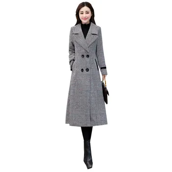 

2020 Fashion Plus Size Winter Woolen Coat Female Long Woolen Coat Autumn Winter Warm Thick Double-breasted Lattice Blends Coat