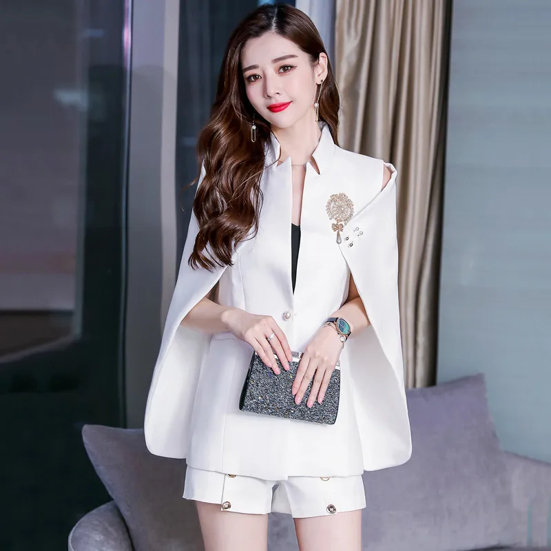 

Female Cloak Jacket Spring Korean Mandarin Neck Office Lady Blazer Loose Elegant Women Cape Pearl Work Fashion Poncho Coat