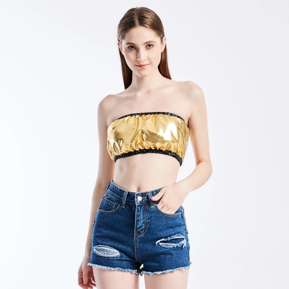Women Shiny Metallic Strapless Crop Tube Top Stretchy Color Contrast Bandeau Top Club Wear Rave