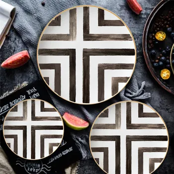 

Bone China Plate Round Plate Platos Tray Dinner Set Cross-Border Pattern Restaurant Grid Plate Gold Food Dish Assiette Porcelain