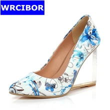 Size 33-42 NEW 2017 Woman Pumps Genuine leather pointed toe High-heeled shoes Comfortable transparent wedges High heels women