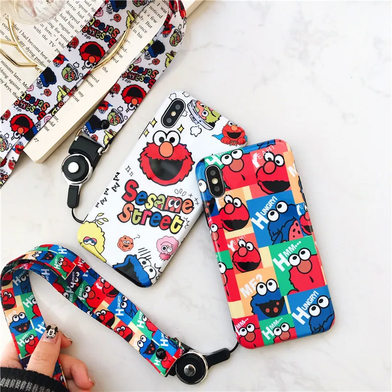 

Cute Cartoon Sesame Street Cookie Elmo Phone Case For iPhone X XS Max XR 6 6 Puls 7 8Puls Cases Soft IMD Silicon Back Cover+rope