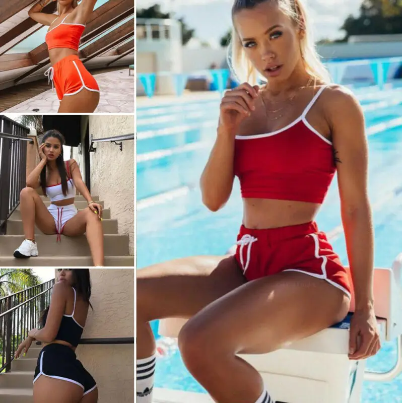 

2019 Women 2Pcs Solid Sleeveless Short Top Trainning Suit Workout Gym Running Sports Bra Vest Shorts Athletic Set