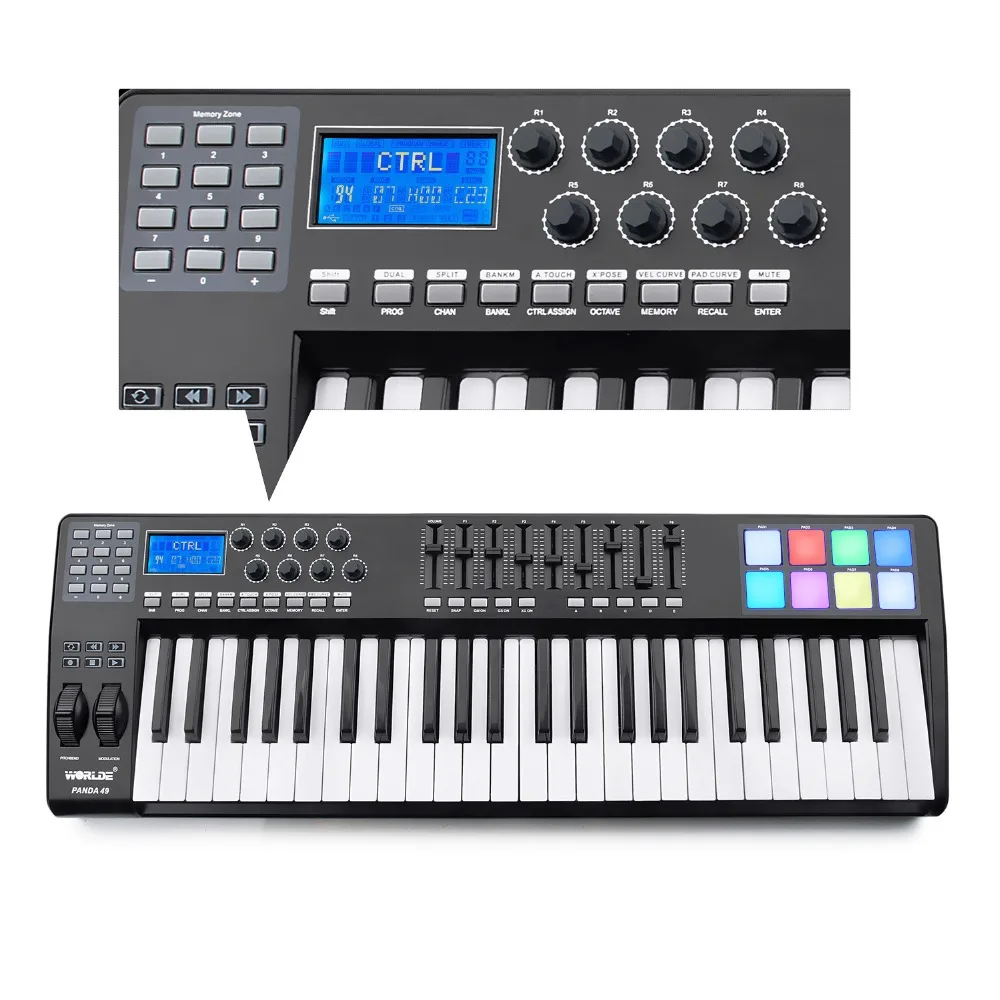 Worldde Panda портативный MIDI клавиатура контроллер 49 ключ 8 RGB с подсветкой Light Drum Pad 9