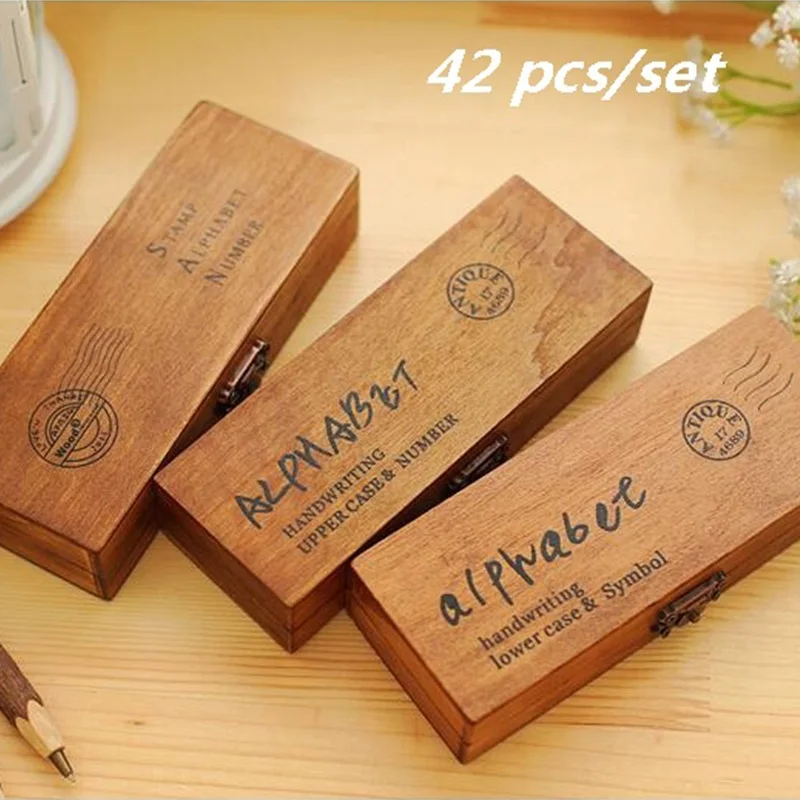 

42 Pcs/set Romantic Handwriting A-Z & a-z Alphabet Number Wooden Stamp Set Retro Vintage Wooden Craft Box Rubber Stamp 3 Design