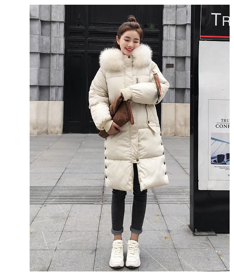 Новая мода размера плюс, свободное одноцветное Женское зимнее пальто с большим меховым воротником, толстая пуховая парка, Длинная зимняя пуховая хлопковая куртка, верхняя одежда