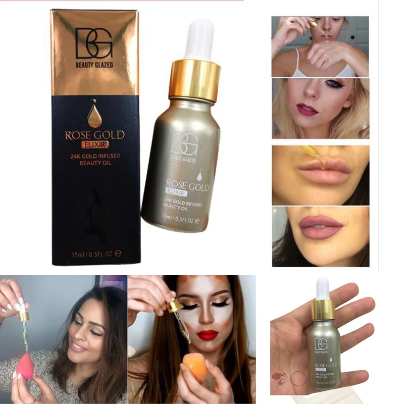 Primer Base Liquid Rose Gold Elixir 24k Gold Infused Beauty Oil Before
