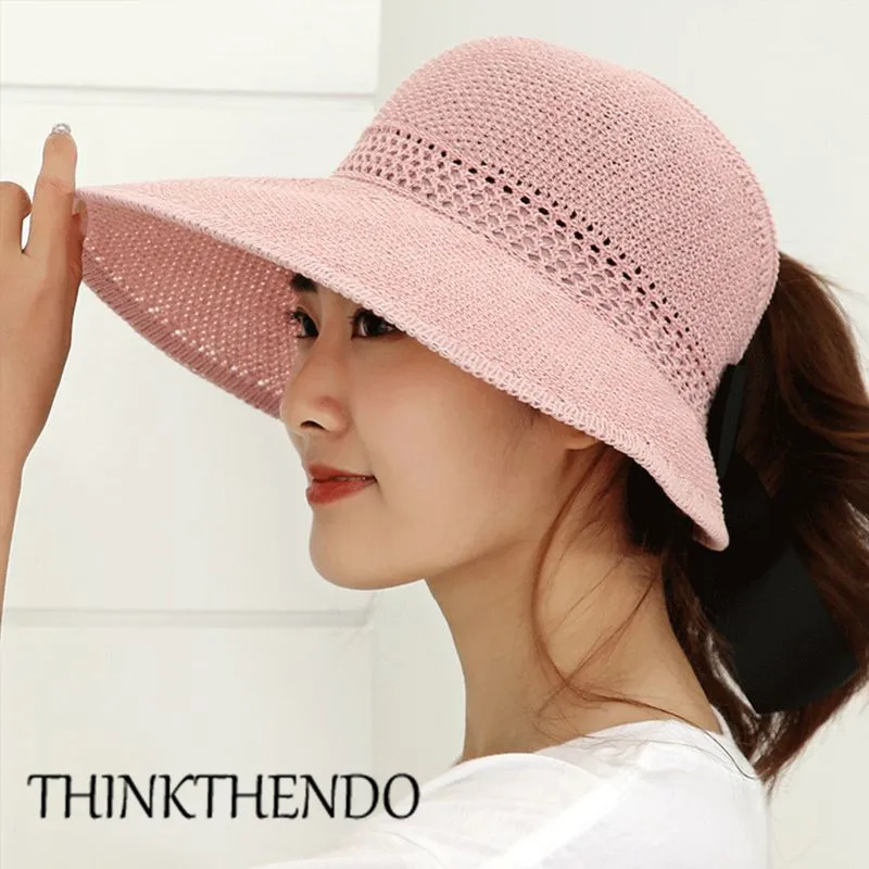 

Womens Summer Foldable Straw Weave Long Ribbon Bowknot Open Top Ponytail Wide Wavy Brim Hollow Beach Bucket Beach Caps