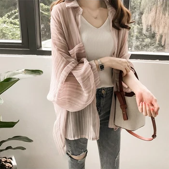 

Women Striped Transparent Lantern Sleeve Chiffon Thin Blouses Cardigans Shirts Female Tops Blouses Girls Summer