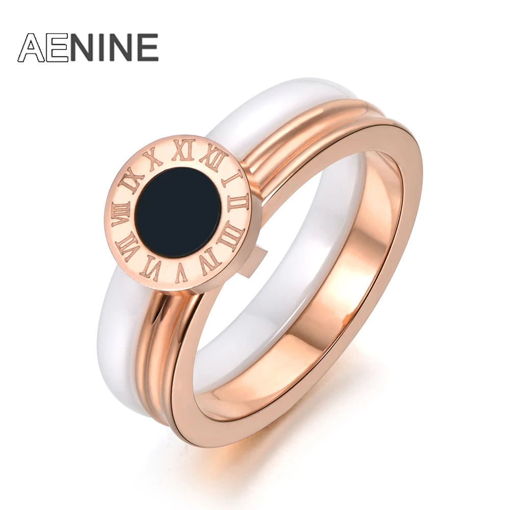 

AENINE Classic 2 Layers White Ceramic Wedding Rings For Women Rose Gold Roma Numbers Stainless Steel Engagement Jewelry AR18042