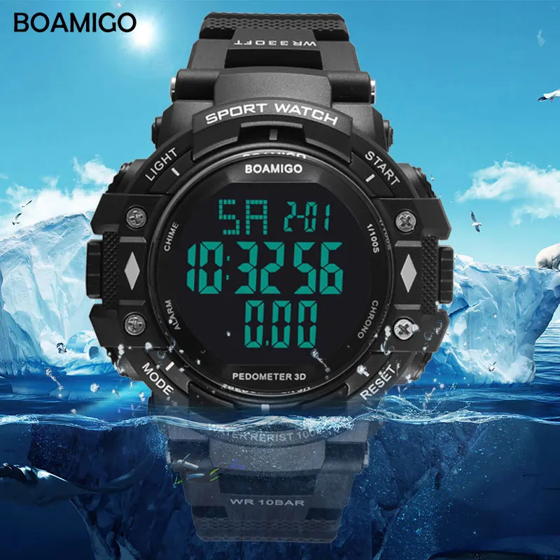 100 м водонепроницаемые мужские спортивные часы BOAMIGO брендовый шагомер светодиодный цифровые часы для плавания наручные часы reloj hombre