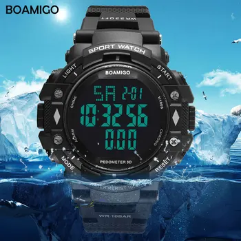 Boamigo relógio esportivo masculino, relógio esportivo 100m resistente à água pedômetro calorias led relógio digital natação