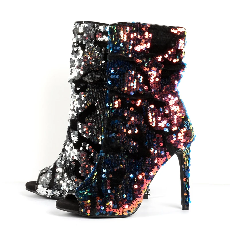 

Moraima Snc 2019 New Sexy Slim-heeled Brilliant Silver Fish-billed Boots Martin Boots Night Club DJ Show Fashion Boots Shoes
