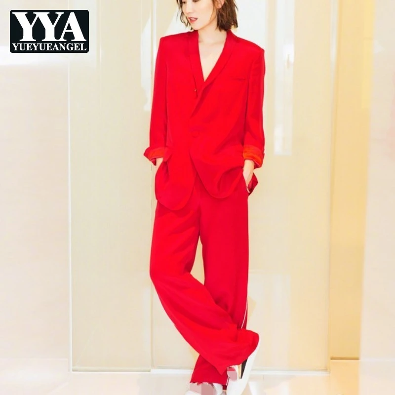red wide leg suit