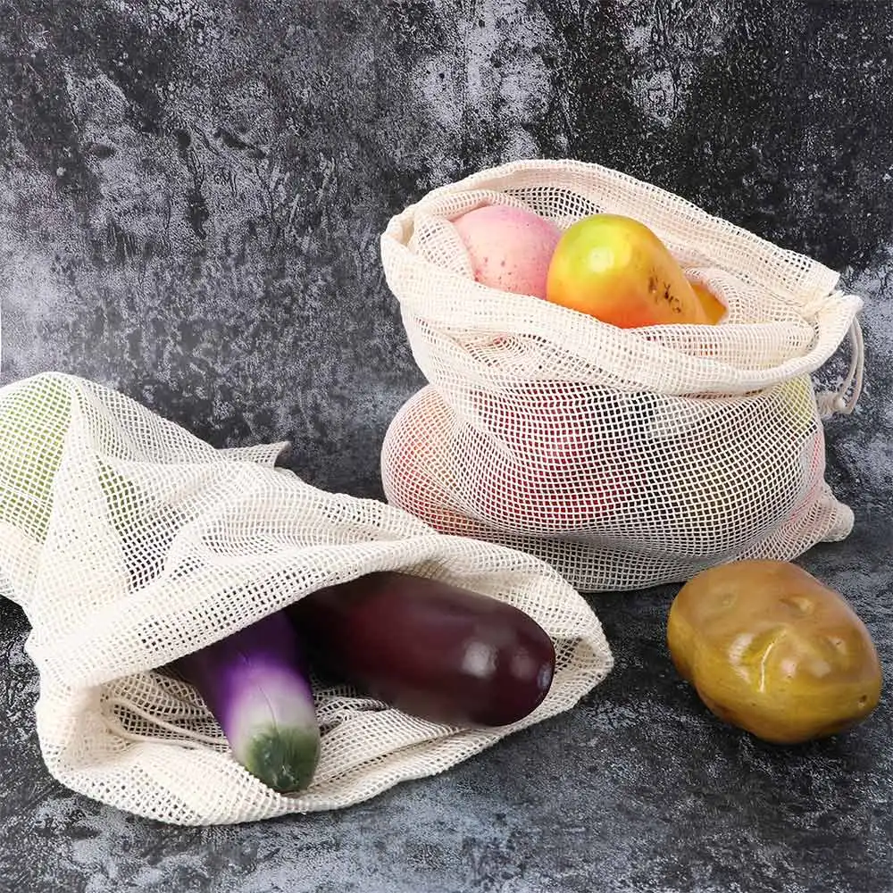 

1pc Reusable Cotton Vegetable Bags for Home Kitchen Fruit Vegetable Storage Mesh Bags With Drawstring Machine Washable
