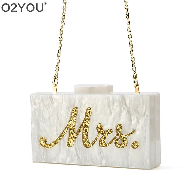 Fashion Acrylic Box Clutches Lady Beach Party Handbag Pearl White With Silver Glitter Or Gold Glitter Name Mrs Letter
