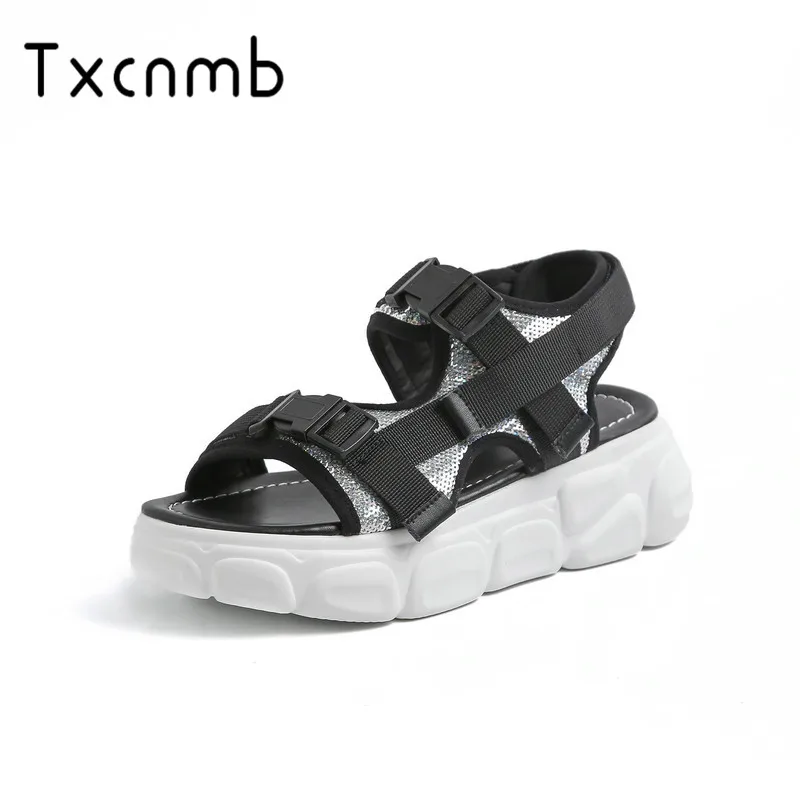 

TXCNMB 2019 new arrival genuine leather shoes summer sandals women flat platform footwear fashion casual wedding shoes woman
