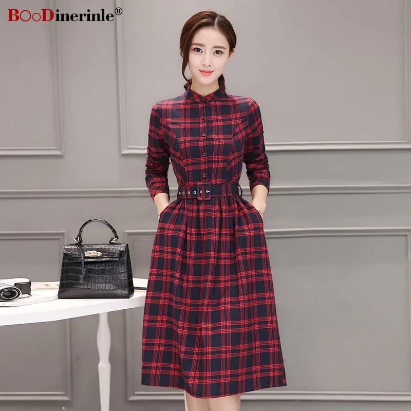 

BOoDinerinle 2019 Winter Dress Women Elegant Plus Size Thicken Long Sleeve Shirt Dress Women Warm Slim High Waist Plaid Dress