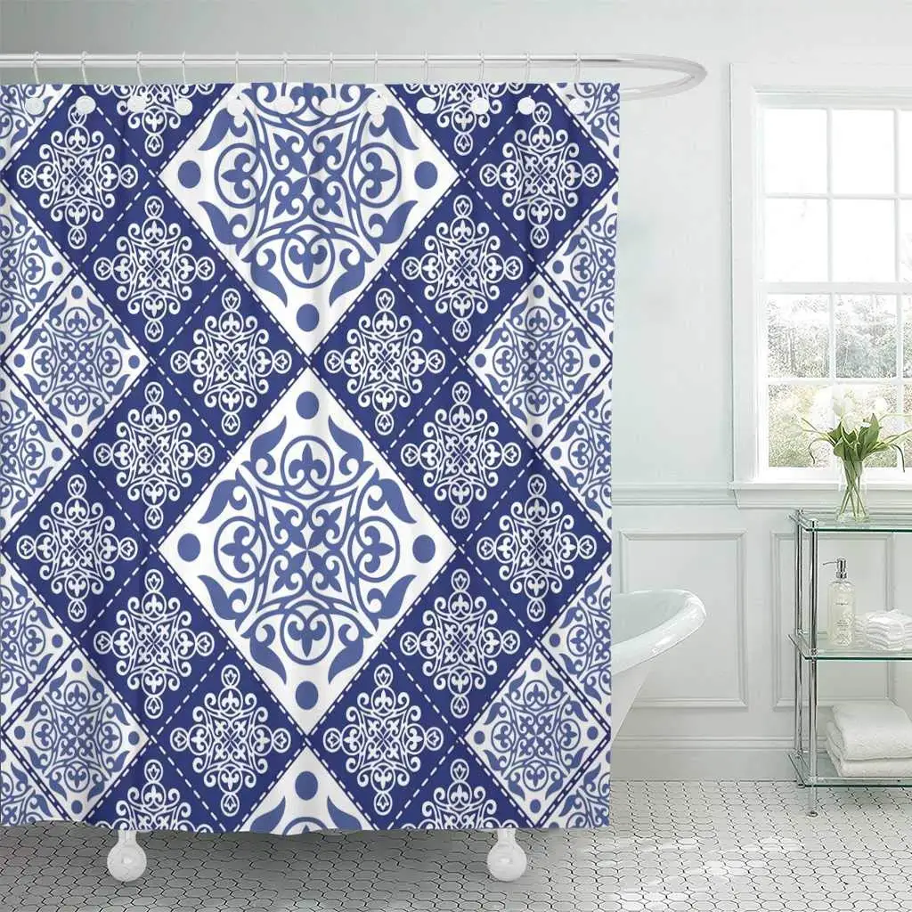 

Shower Curtain with Hooks Japan Gorgeous Patchwork Pattern from Blue White Moroccan Tiles Ornaments Fills Decorative Bathroom