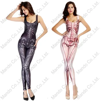 

Ladies Halloween Bodycon Dress Women Skeleton Skull Bones Top Bodysuit Jumpsuit