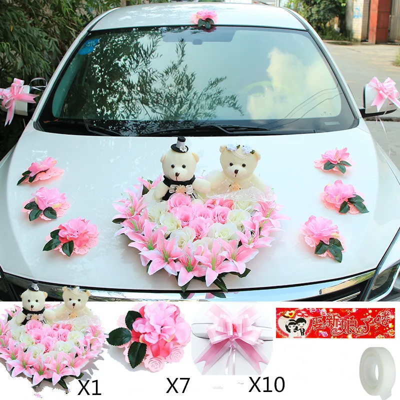 Лилия Вечная любовь свадебный автомобиль цветок украшение набор имитация цветок автомобиль Свадебный центр орнамент корейский Свадебный декор медведь