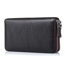 100% Cow Genuine Leather Large Capacity Long Wallet Double Zipper Clutch Business Men Wallet for Boss Manager Large Note Holder