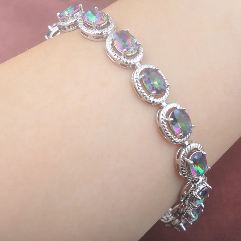 

2017 Fashion Multicolor Rainbow Zircinia 925 Silver For Women Link Chain Bracelet 7-8 inch Free Shipping OS0145