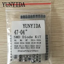 Kit assorted kit de diodo 200 pçs/lote smd, 20 valor * 10pcs contém ss110 ss220 ss210 ss310 ss16 ss26 ss34 ss36 es1j es1d m7 m4 us1m