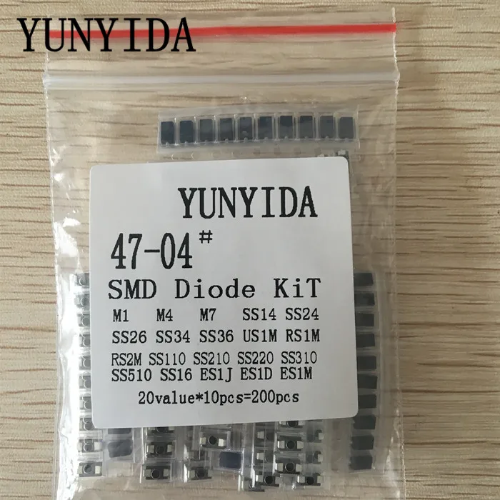 Набор диодов SMD 200 шт./лот 20 значений * 10 шт. содержит SS110 SS220 SS210 SS310 SS510 SS16 SS26 SS34 SS36 ES1J