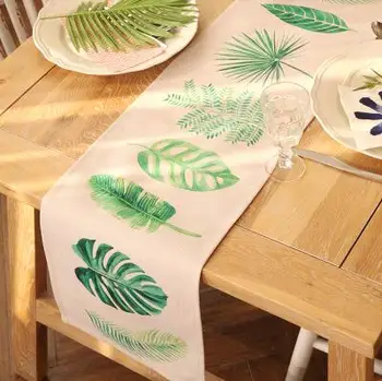 

Ins Modern Nordic Style Linen Cotton Green Leaf Table Runners Printed Long Table Cover Fabric Placenmat Home Decoration