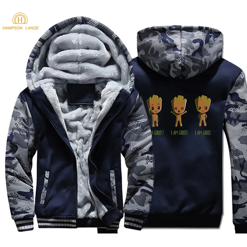 

2019 Winter Superhero Baby Groot I Am Groot Thick Hoodies Men Warm Fleece Sportswear Plus Size Sweatshirts Anime Men's Jackets